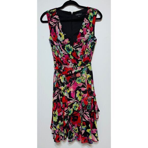 Tahari ASL Floral Cocktail Dress Sz 2 Vibrant Watercolor Print Ruffled Hem‎ - Picture 1 of 5